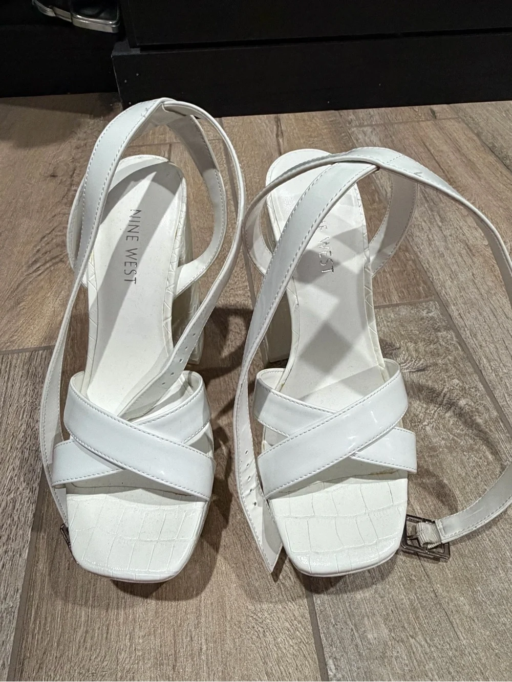 Nine West White Croc-Embossed Platform Block Heels